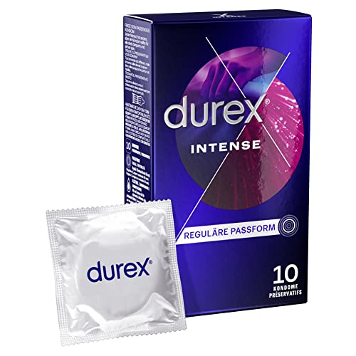 Durex Intense Kondome – Für komfortablen Sitz, safer sex und hervorragende Gleitfähigkeit mit Noppen, Rippen & viel Desirex-Gel, anatomische Easy-On-Form – 10er Pack (1 x 10 Stück)