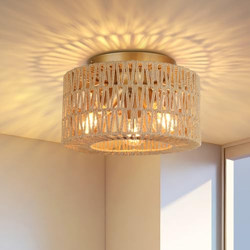 FRIDEKO HOME Deckenlampe Boho,3 Flammig Deckenleuchte Vintage mit Rattan Lampenschirm Hängelampe E27 Fassung für Wohnzimmer Esszimmer Schlafzimmer Küche Flur