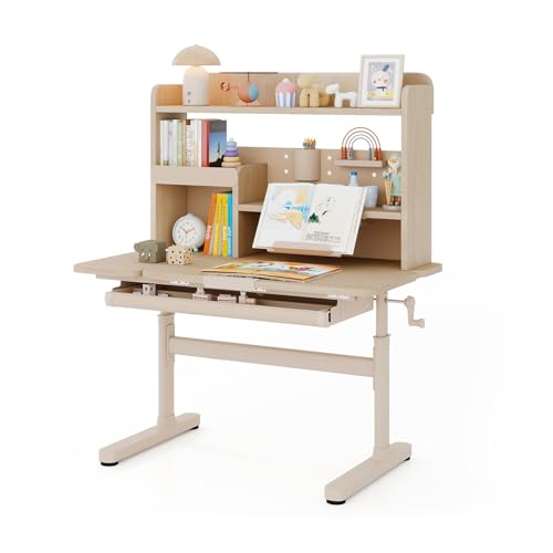 COSTWAY Schreibtisch Kinder, Kinderschreibtisch 52-74 cm höhenverstellbar mit neigbarer Tischplatte, Kindertisch mit Regal, Schublade, & Buchständer, Schülerschreibtisch für Kinder ab 3 Jahren (Natur)