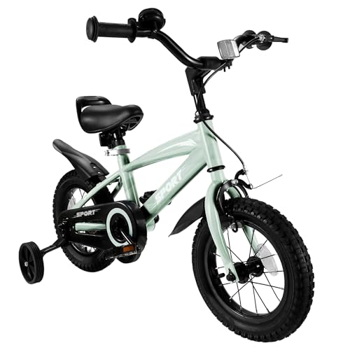 BODIOO Kinder Fahrrad 12 Zoll Kinderfahrrad mit verstellbarem Sitz, Dualbremsen, Stützrädern, Reflektor und Schutzblech, geeignet für Fahrer von 84 bis 97 cm (Minzgrau)