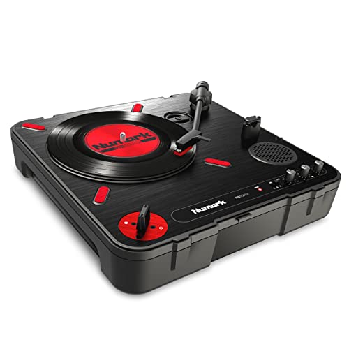 Numark PT01 Scratch Tragbarer DJ-Plattenspieler mit austauschbarem Switch, integriertem Lautsprecher, Batterie- oder Netzbetrieb, 3 Geschwindigkeiten und USB-Anschluss