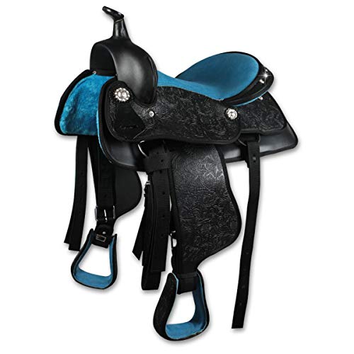 Silver Horse, Westernsattel New Gen aus Synthetischem Material und Kunstleder, Nylonverstärkungen, Sitz und Steigbügel aus Wildleder, Gepolsterte Sattelunterlage, 15 ”= 38 cm (Schwarz und Türkis)