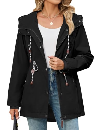 Yuson Girl Übergangsjacke Damen Lang Leichte Jacke für Herbst Übergang Elegant Mantel Baumwolle Parka mit Kordelzug Outdoor Warm Lange Damenjacke mit Kapuze und Zip für Frühling(Schwarz, XXL)