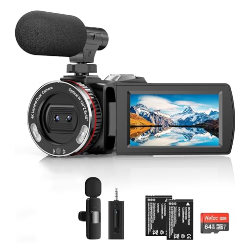 4K-Camcorder, 64 MP 30 fps Vlogging-Kamera mit kabellosem Mikrofon für YouTube, Ultra HD 7,6 cm Flipscreen, 21 x Digitalzoom Videorecorder-Kamera mit 64 GB SD-Karte, Fernbedienung und 2 Batterie