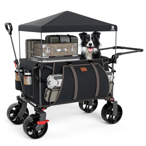 EVER ADVANCED XXL Bollerwagen Rollwagen faltbar 225L bis 150kg mit Bremse Dach Handwagen schieben&ziehen klappbar Strandwagen 20 * 8cm breite Räder Faltwagen für Camping Strand Einkauf Tier