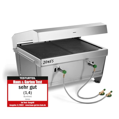 BURNHARD Camping Gasgrill JONES Edelstahl Klappgrill mit Deckel 2-Brenner 6,4 kW inkl. Transporttasche mit Rucksackfunktion und Multitool, Faltgrill ideal für Camping