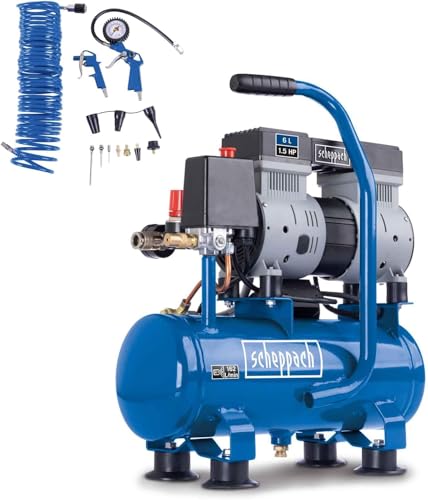 Scheppach HC08Si Ultra Silent Kompressor klein inkl. 14-tlg Zubehörset | 8bar Arbeitsdruck | 6L Kessel | 1,5PS / 1100W | ölfrei & wartungsarm | Ansaugleistung 162 L/min | Leise Kompressor 67,4 db(A)