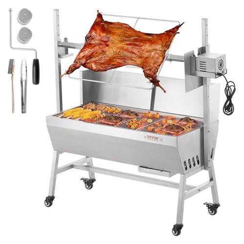 VEVOR Lammgrill, Spanferkelgrill, Spießbratengrill, 61 kg rollbarer BBQ-Holzkohle-Spießgrill für Schwein, Lamm, Ziege, elektrischer 42-W-Motor, Edelstahl Drehspießröster mit Windschutzscheibe
