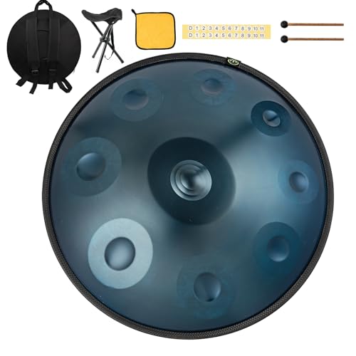 Handpan instrument 440 hz d-Moll 22 Zoll Hand Pan Stahltrommel hand drum 9 Notas 10 Notas 12 Notas Premium-Stahlzungentrommel für Meditation und Entspannung (Blue, 9yin)