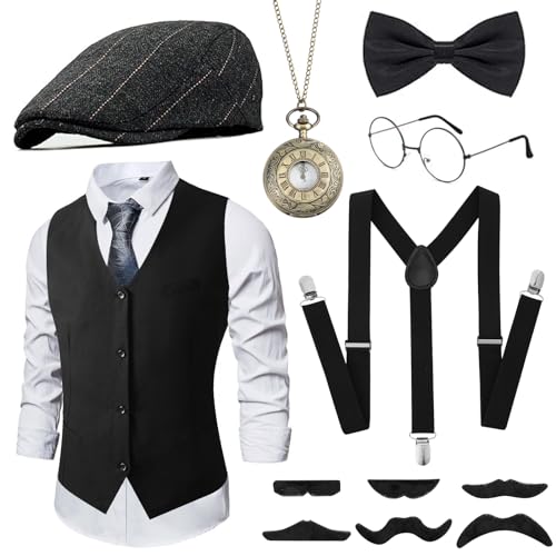 GOKINDOR 20er Jahre Kostüm Herren Accessoires, Peaky Blinders Kostüm Mafia Karneval Kostüm Herren, 20er Jahre Accessoires, Kostüme Kostüm Set Deko(L)