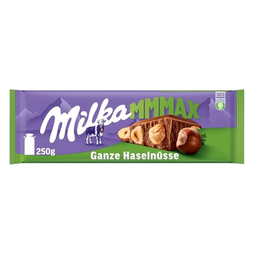 Milka MMMAX Ganze Haselnüsse – Aplenmilch-Schokolade mit knackigen Haselnüssen – 250g