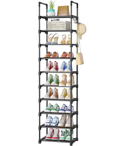 Kitsure Schuhregal – 10-stufiger Schuhschrank mit abnehmbaren Stoffregalen und Metallrahmen, hohes Schuhschrank schmal für Schrank, Eingangsbereich, 174.0cm x 43.0cm x 30.0cm, Schwarz