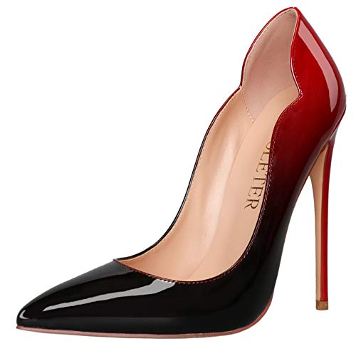 COLETER Sexy Pumps für Damen, spitzer Zehenbereich, 12 cm, Lackleder, Hochzeitskleid, niedliche Stilettos, rot/schwarz, 39 EU