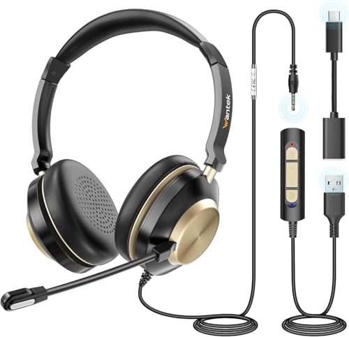 Wantek USB Headset mit Mikrofon für PC Laptop, Typ C-USB-3,5mm Jack, 3-in-1-Kopfhörer mit Geräuschunterdrückung und Lautstärkeregler für Callcenter, Skype, Zoom, Home Office, Online-Kurse