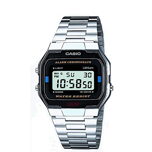 Casio Unisex Quartz Armbanduhr, 35.00mm GehäusegröÃŸe mit LCD digital Zifferblatt und Silber Metallarmband Armband A163WA-1QES