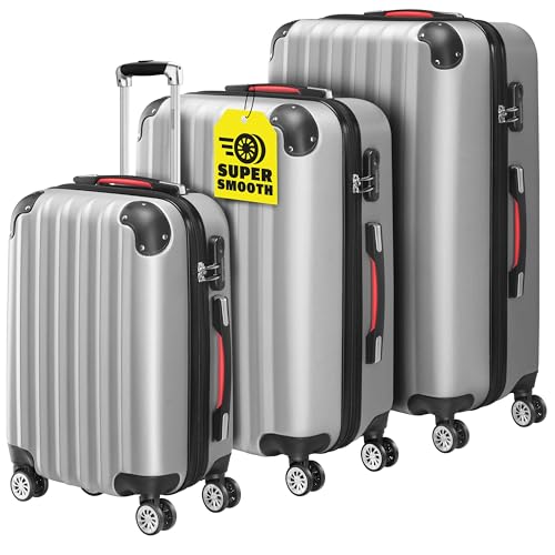 Monzana® 3tlg. Kofferset Baseline Hartschalen Koffer M-L-XL Gel-Griffe 4 Rollen Kantenschutz Schloss Standfüße Trolley Rollkoffer Reisekoffer Silber