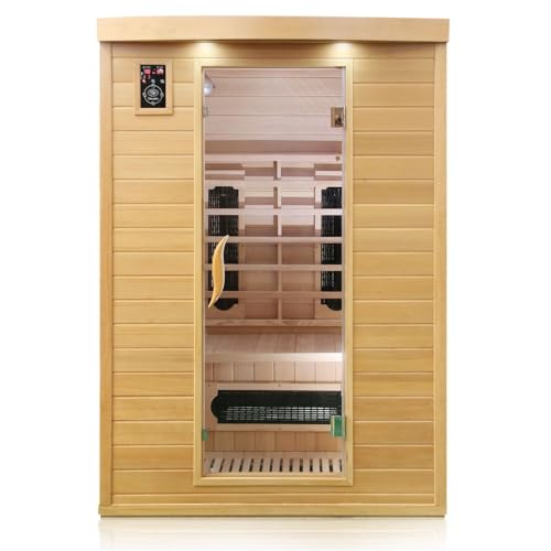 Dewello® Infrarotkabine Infrarotsauna Laval Plus 135cm x 105cm für 1-2 Personen aus Hemlock Tannenholz mit Keramikstrahlern, LED-Farblicht, Bluetooth, FM,MP3,USB