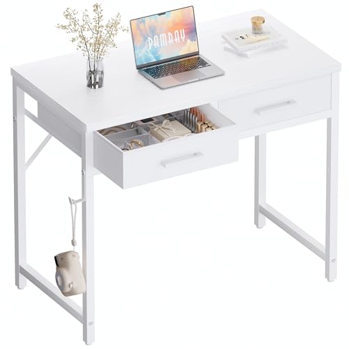 PAMRAY 80 cm Kleiner Computertisch mit 2 Schubladen für Schlafzimmer, Studium, Schreiben, Home Office Tisch für kleine Räume, Weiß