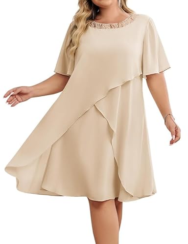 Hanna Nikole Hochzeitsgäste Kleidung Damen GroßE GrößE Chiffon Abendkleider Mit Pailletten Rundhalsausschnitt Elegant Cocktailkleid Festlich Midikleid FüR Die Brautmutter