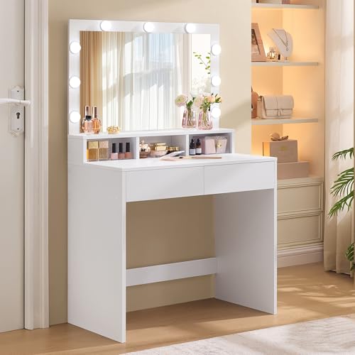 VASAGLE Schminktisch, mit LED-Beleuchtung, einstellbare Helligkeit, Frisiertisch mit Spiegel, Kosmetiktisch mit 2 Schubladen und 3 offenen Fächern, modern, wolkenweiß RDT120T10