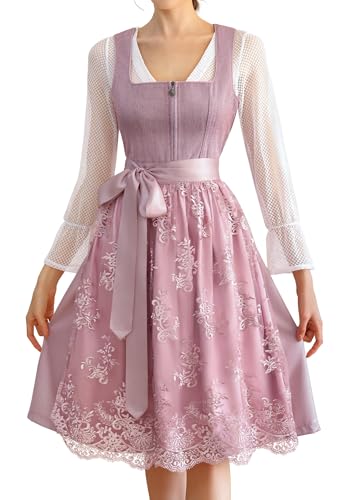 EIISSION Dirndl Damen Trachtenkleid Dirndlkleid midi Tracht Damen Lang Rosa 3 Teilig mit Trachtenrock Langärmel Dirndlbluse Schürze Trachtenmode Trachten Kleid für Oktoberfest 42