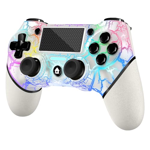 AceGamer Wireless Controller für PS4, White Crack Custom Design mit RGB-Licht, 1000mAh Akku und 3,5mm Audio-Buchse, V2 Gamepad Joystick Kompatibel mit PS4/Slim/Pro und Windows PC! (Weiß-beleuchtet)