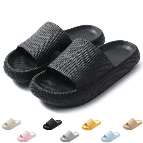 QJJQ Badeschuhe Herren Damen Cozislides Original Slippers Wolke Schlappen Super Weich rutschfest Badelatschen Hausschuhe Sommer Pantoletten Badeschlappen Flip Flops,Schwarz, 40-41 EU