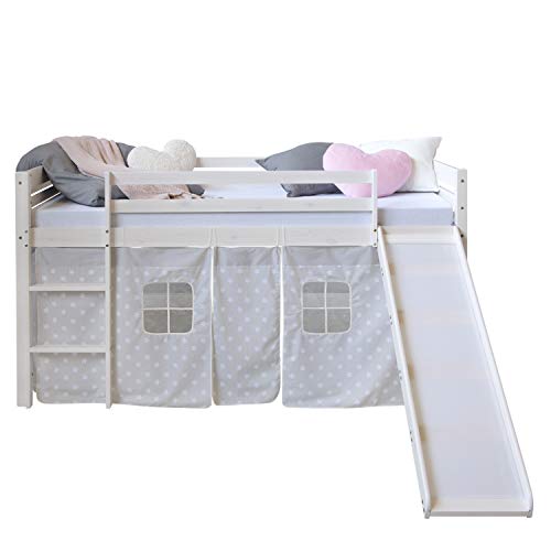 Homestyle4u 1884, Hochbett mit Rutsche Treppe Weiß Grau Kinderbett 90x200 Vorhang Sterne Bettgestell Holz Kiefer