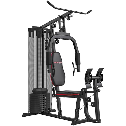 SPORTNOW Kraftstation, Multifunktionale Fitnessstation mit Latzug- & Butterflystange, Beinpresse, Fitnessgerät mit 45 kg Gewichtsblöcken für Zuhause, Schwarz