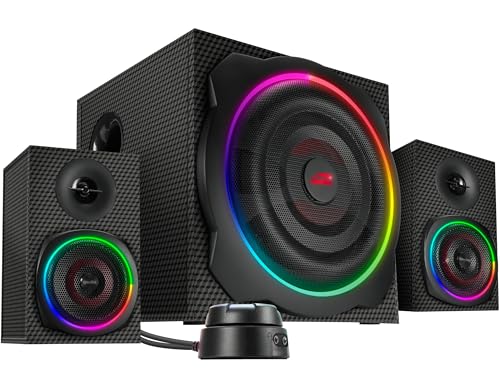 Speedlink GRAVITY CARBON RGB 2.1 Soundsystem Bluetooth - PC Lautsprecher mit Subwoofer aus Holz, Aktiv Lautsprechersystem 120 Watt, 3,5mm Klinke, AUX, Tischfernbedienung, schwarz