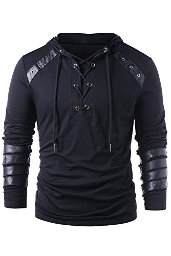 helymore Herren Kordelzug mit Kapuze, Steampunk, Gothic, Sweatshirt, Langarm, für Ritter, mittelalterlicher Pullover, Rüstung, Bandage Schwarz M