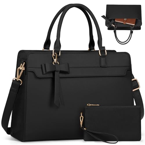 RAINSMORE Handtasche Damen Shopper Damen Groß 15.6 Zoll Laptoptasche Damen Wasserdicht PU Leder Arbeitstasche Umhängetasche mit Geldbörse 2-teiliges Set für Business Arbeit Schule Schwarz