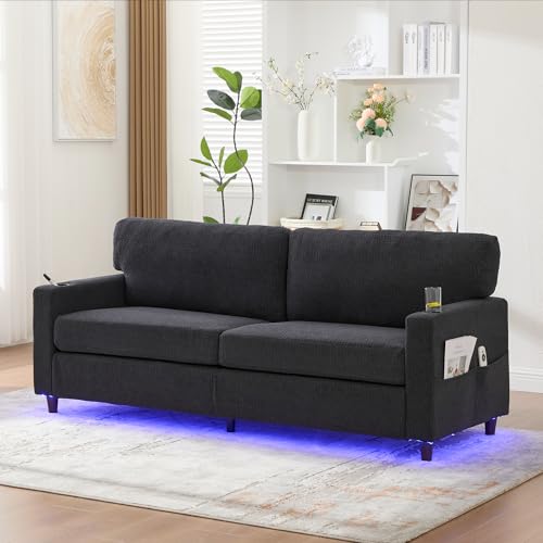 FammyLoft Sofa 2 Sitzer mit Schlaffunktion, Couch mit USB-C, Schlafsofa mit LED, Getränkehaltern und Seitentaschen, Holz/Metall-Rahmen mit Komfortschaum für Wohnzimmer, Schlafzimmer, Dunkelgrau