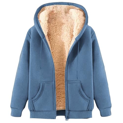 ZWDC Damen Winterjacke Warm Fleecejacke Winter Sweatjacke mit Kapuze Elegant Einfarbig Übergangsjacke Große Größen Kapuzenpullover mit Taschen Lässige Wintermantel mit ReißVerschluss Plüschjacke