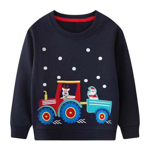 FILOWA Sweatshirt für Junge Baumwoll Langarm Pullover Bagger Traktor Muster Sweater Weihnachtsmann Elch Drucken Jumper Marineblau Outdoor Warmes Langarmshirt Weihnachten Top 5-6 Jahre, Gr.110-116