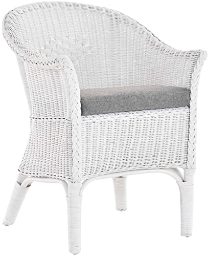 Rattan-Sessel Natur/Esszimmersessel Korb-Sessel inkl. Polster Beige/Rattanmöbel Rattansessel Rattanstuhl mit Armlehnen Lounge Flechtsessel (mit Polster, Weiss)