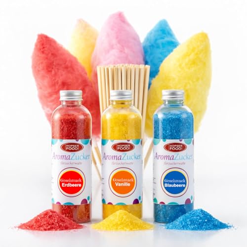 Hopser Food Fun Zucker für Zuckerwatte (Set 1 Erdbeer, Vanille, Kaugummi + 50 Stäbe, 3x230 Gramm / 50 Stäbe)