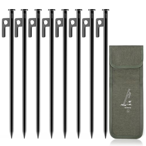 Forever Speed 8 Stück Heringe aus Stahl mit Aufbewahrungstasche, 30CM Zeltheringe Camping Heringe Zelt Bodenanker Felsbodenhering für Harte Böden, Wald, Wiesen - Schwarz