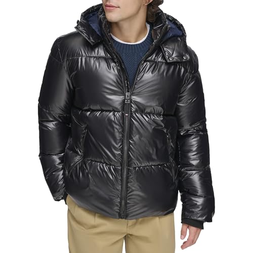 Tommy Hilfiger Herren Glänzender gesteppter Puffer aufgesetztem Logo Jacke, Schwarz, L