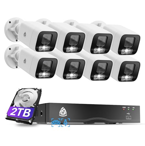 Akinguar 4K PoE Überwachungskamera Aussen Set, 8CH Videoüberwachung mit 2TB HDD & 8X 8MP PoE IP Kamera, Personen/Fahrzeugerkennung, 2-Wege Audio, Farbige Nachtsicht, Alarm mit Scheinwerfer, IP66