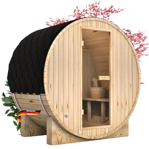 DELUKE Fasssauna Outdoor mit Elektroofen PIET - für 2 Personen, inkl. Saunazubehör | Außensauna Gartensauna Saunafass | Selbstmontage