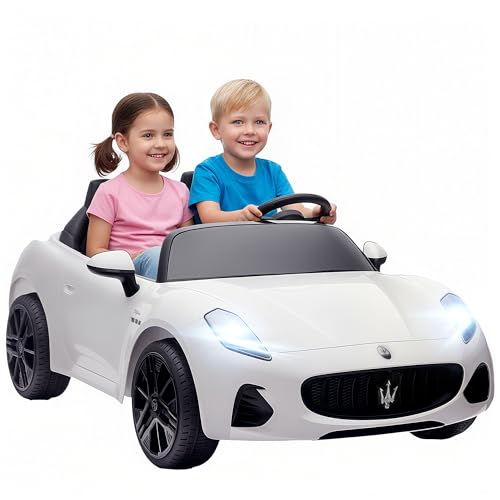 AIYAPLAY Kinder Elektroauto Maserati 12V 2-Sitzer Kinderauto mit 2,4 GHz Fernbedienung, 2 Motor, Elektrofahrzeug mit Federung, Musik, USB, Hupe, LED-Leuchten, für 3-8 Jahre, 3-8 km/h, Weiß