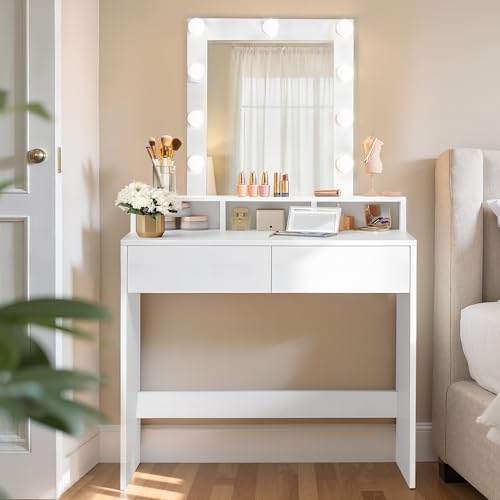VASAGLE Kailyn Kollektion - Schminktisch mit LED-Beleuchtung, einstellbare Helligkeit, Frisiertisch mit Spiegel, Kosmetiktisch mit 2 Schubladen und 3 offenen Fächern, Weihnachten, weiß RDT114W01