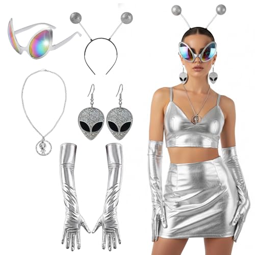 MmotZsb 5 Stück Alien Kostüm Damen, Alien Accessoires Set Für Halloween Party, Aliens Brille Handschuhe Haarreif Halskette Ohrring Für Cosplay Maskerade