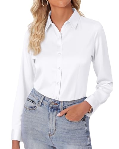 siliteelon Damen Bluse Bügelfrei Weiß Regular fit Oberhemden Frauen Unifarben Weiss Stretch Freizeithemden Businesshemd Anzug Hemd Hochzeit,2XL