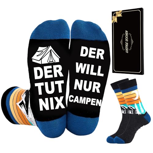 SockWaddles Lustige Socken Herren mit Sprüchen, Der Will Nur Campen – Geschenkidee für Männer, Camper zu Weihnachten Geburtstag Vatertag Adventskalender Füllung