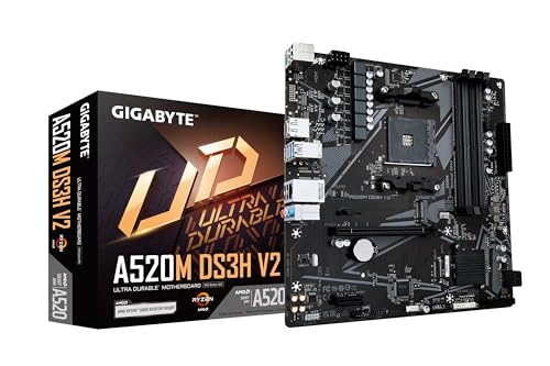 GIGABYTE A520M DS3H V2 Mainboard - Unterstützt AMD Ryzen 5000 Serie AM4 CPUs, bis zu 4733 MHz DDR4 (OC), PCIe 3.0 x16, GbE LAN, USB 3.2 Gen 1