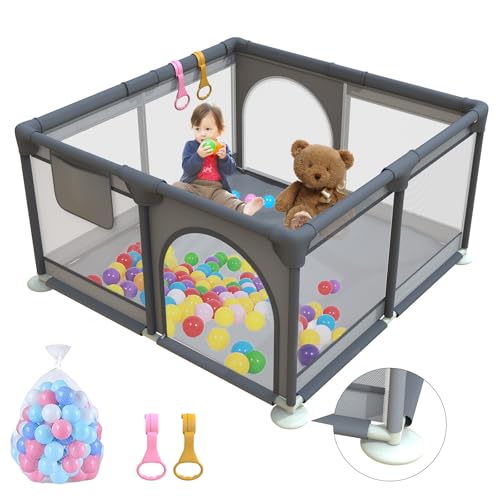 Laufstall Baby 120x120cm, Laufgitter Baby mit 2 Zugringen, Kinder Laufgitter mit Atmungsaktivem Netz und Reißverschluss für Kleinkinder, Dunkelgrau