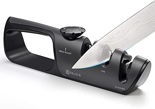 Paudin Messerschärfer, 3 stufiges manuelles professionelles Messerschärkungswerkzeug mit Griff, gezüchtete Messer und Schere, bequem zur Wiederherstellung und für stumpfe Klingen polieren