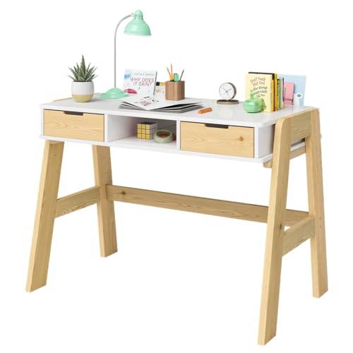 Bellabino Campo Kinderschreibtisch höhenverstellbar 56-75 cm – Schreibtisch Kinder ab 6 Jahren mit 2 Schubladen – Schülerschreibtisch mit viel Stauraum aus Massivholz Kiefer in Weiß